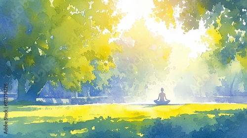 Yoga in serene park, watercolor, tranquil setting, harmonious poses, sunrise light, frontal view , illustration style