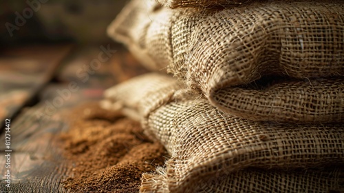 Close up view of rough burlap sacks full of grounded coffee on the wooden table