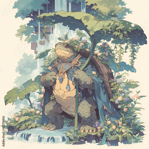 A captivating illustration of a majestic turtle, adorned with a mystical blue cloak and crown, exudes a sense of tranquility amidst the verdant foliage of an exotic rainforest. The vibrant waterfall