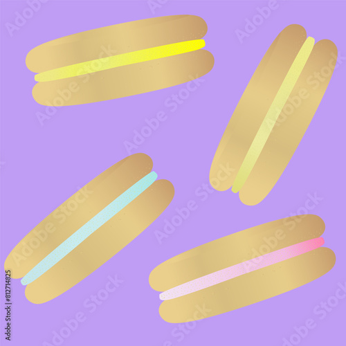 Brown macaroons with multicolored layers on a lilac background
