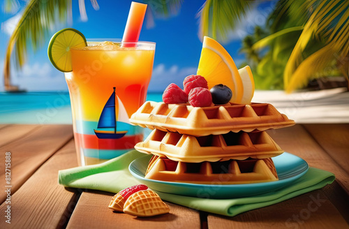 bright colourful dessert with freshly done waffle and fresh fruits on tropical background