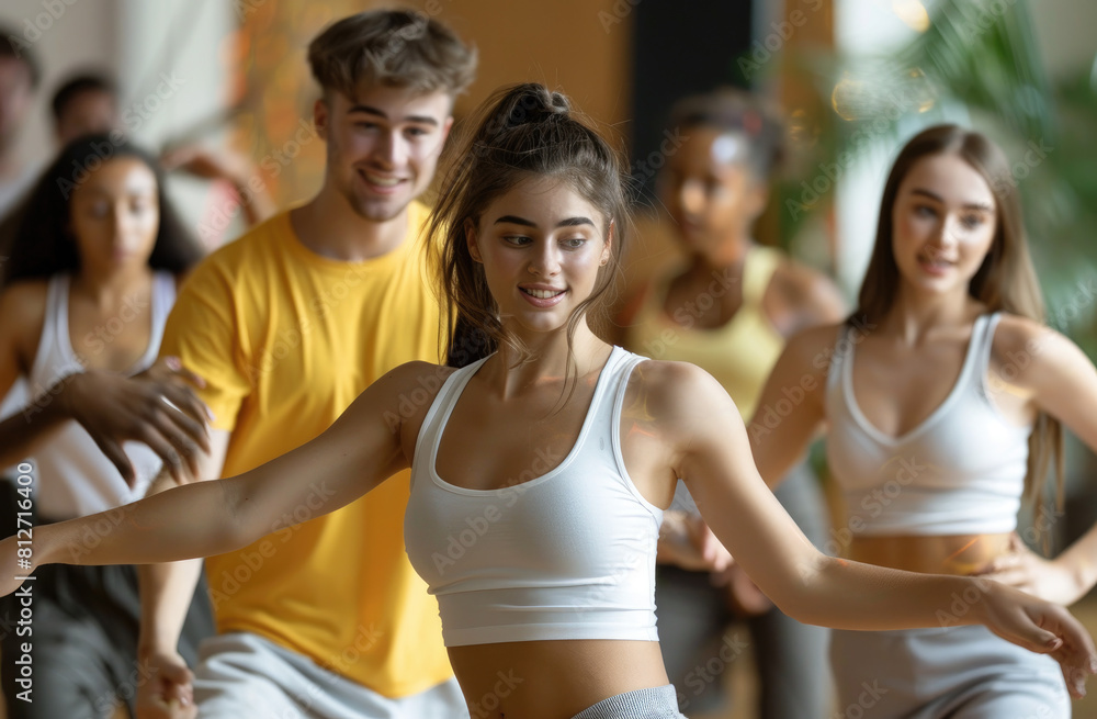 happy people dancing in the dance studio, one man and woman couple is wearing white tshirt and yellow pants, they look at each other with love smile and enjoying their time together