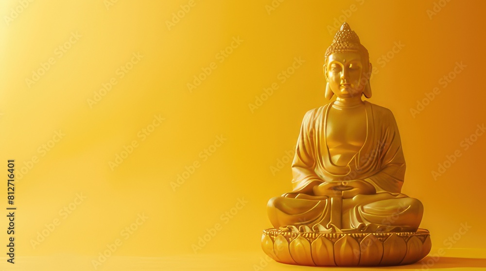 Golden statue of Buddha meditating in lotus position on a yellow background. Copy space Golden statue of Buddha meditating in lotus position on a yellow background. Copy space