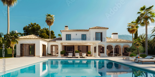   Beautiful Spanish villa with a pool and palm tree background 
