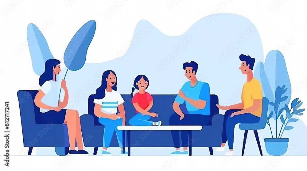 A family is sitting in a living room, talking and laughing. The family is happy and relaxed. A family is sitting in a living room, talking and laughing. The family is happy and relaxed.