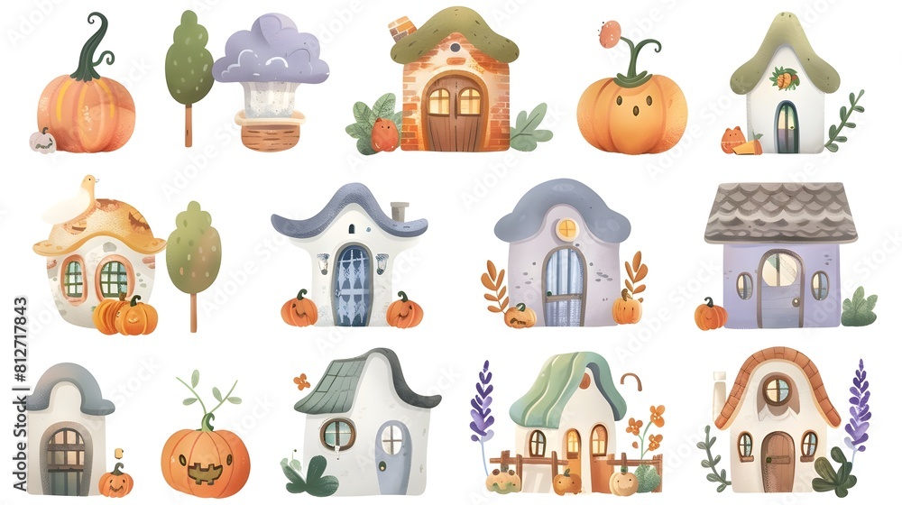 Obraz premium Charming Autumn Cottages and Pumpkin Patch in Idyllic Countryside Landscape