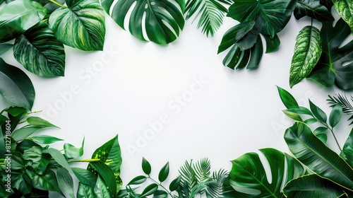 Creative layout made of tropical leaves on white background  Flat lay  top view minimal summer concept  A frame of tropical leaves around a white empty space  Copy space concept  