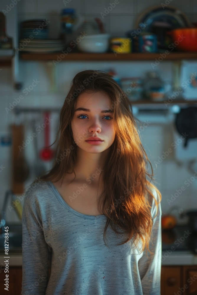 A woman standing in a kitchen next to a sink. Suitable for home and lifestyle concepts A woman standing in a kitchen next to a sink. Suitable for home and lifestyle concepts