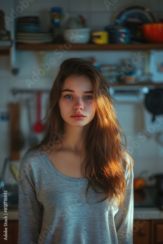 A woman standing in a kitchen next to a sink. Suitable for home and lifestyle concepts