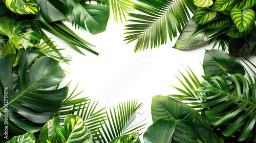 Creative layout made of tropical leaves on white background  Flat lay  top view minimal summer concept  A frame of tropical leaves around a white empty space  Copy space concept 