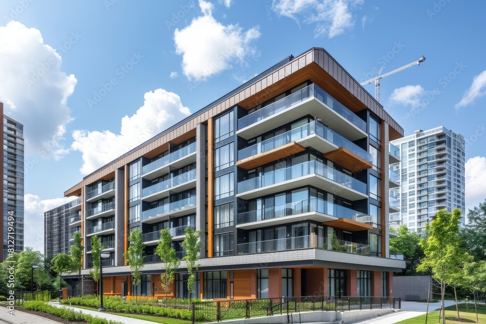 Property Exterior, Modern Condo Building with Balconies Overlooking Urban Skyline Property Exterior, Modern Condo Building with Balconies Overlooking Urban Skyline