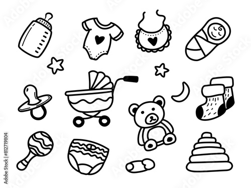 Set of newborn doodle illustration with black and white design. Hand-drawn baby elements vector