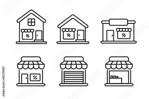 Set of store building icons with outline style on white background