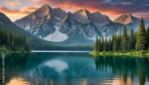 Serene Nature Background: Tranquil Lake, Dense Forest, Sunset Mountains, Hand Edited Generative AI © Memu