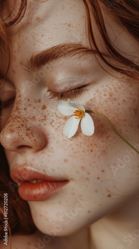 A close-up of a woman with closed eyes freckles and a single white flower resting on her closed eyelid set against a soft blurred background.