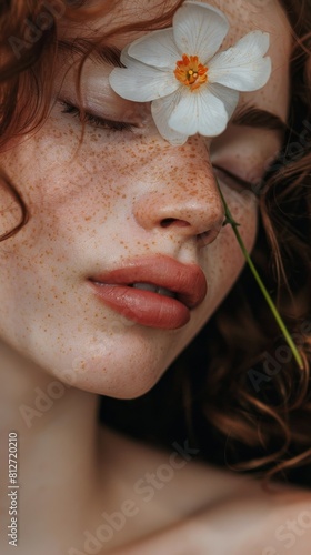 A close-up of a woman with closed eyes freckles and a single white flower resting on her closed eyelid set against a soft blurred background.