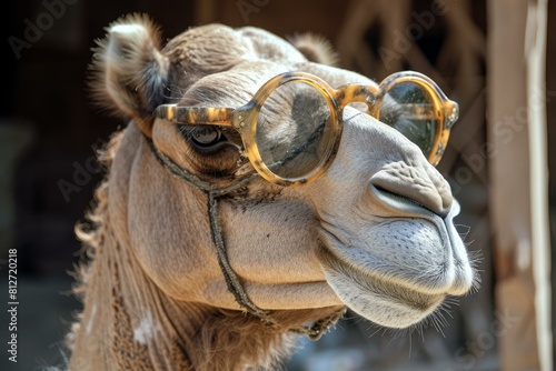 Stylish and quirky camel wearing trendy eyeglasses and making a humorous statement with unexpected charm in the desert. Showcasing its unique personality and individuality as a domesticated animal