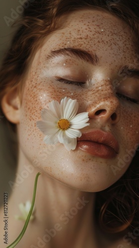 A close-up of a woman with closed eyes freckles and a single white flower resting on her closed eyelid set against a soft blurred background.
