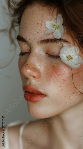 A close-up of a woman with closed eyes freckles and a single white flower resting on her closed eyelid set against a soft blurred background.