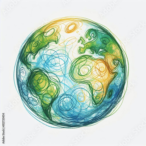 cute kid-drawn illustration of  the world, planet earth globe, imprecise lines, doodle, colorful