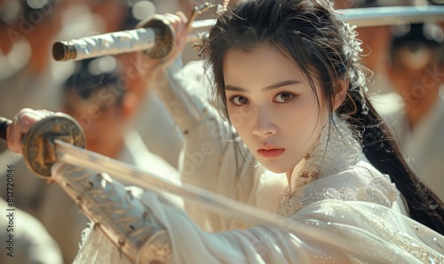 A lovely young Chinese woman, dressed in white hanfu attire, brandishing a sword as she stands before a gathering of soldiers.