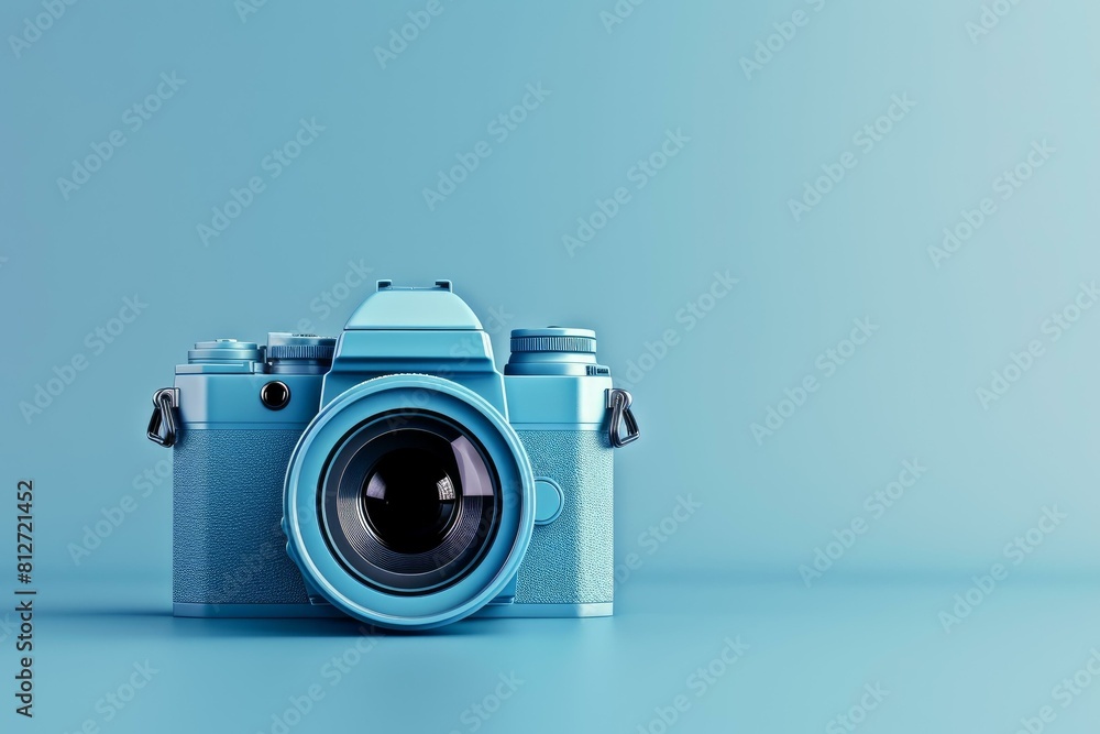 Classic blue camera with lenses set against a seamless blue backdrop Classic blue camera with lenses set against a seamless blue backdrop