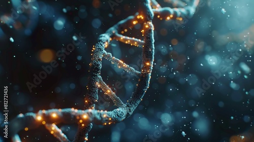 A close up of a DNA strand with glowing spots. Concept of wonder and fascination with the complexity of life and the intricacies of the human body. DNA sequencing and drug molecules model