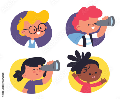 Set of avatars of smart, enthusiastic children. A collection with curious, adventurous, energetic and inquisitive kids, Girl, boy with a telescope.
