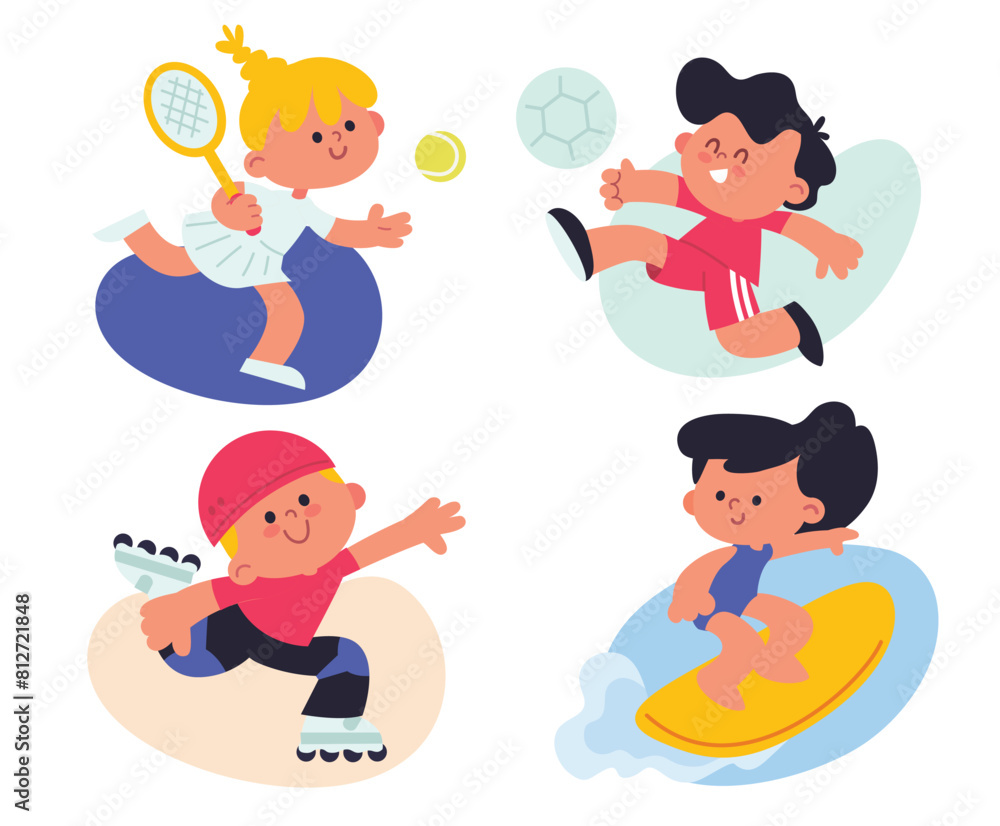 Set of children do different forms of activity, poster, entertainment, sports, pastime, good mood. Kids immersed in diverse activities, creative pastimes, joyful atmosphere. Set of children do different forms of activity, poster, entertainment, sports, pastime, good mood. Kids immersed in diverse activities, creative pastimes, joyful atmosphere.