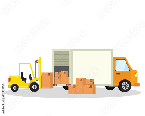 concept illustration of a forklift loading a truck into a box to deliver goods to their destination. vector illustration