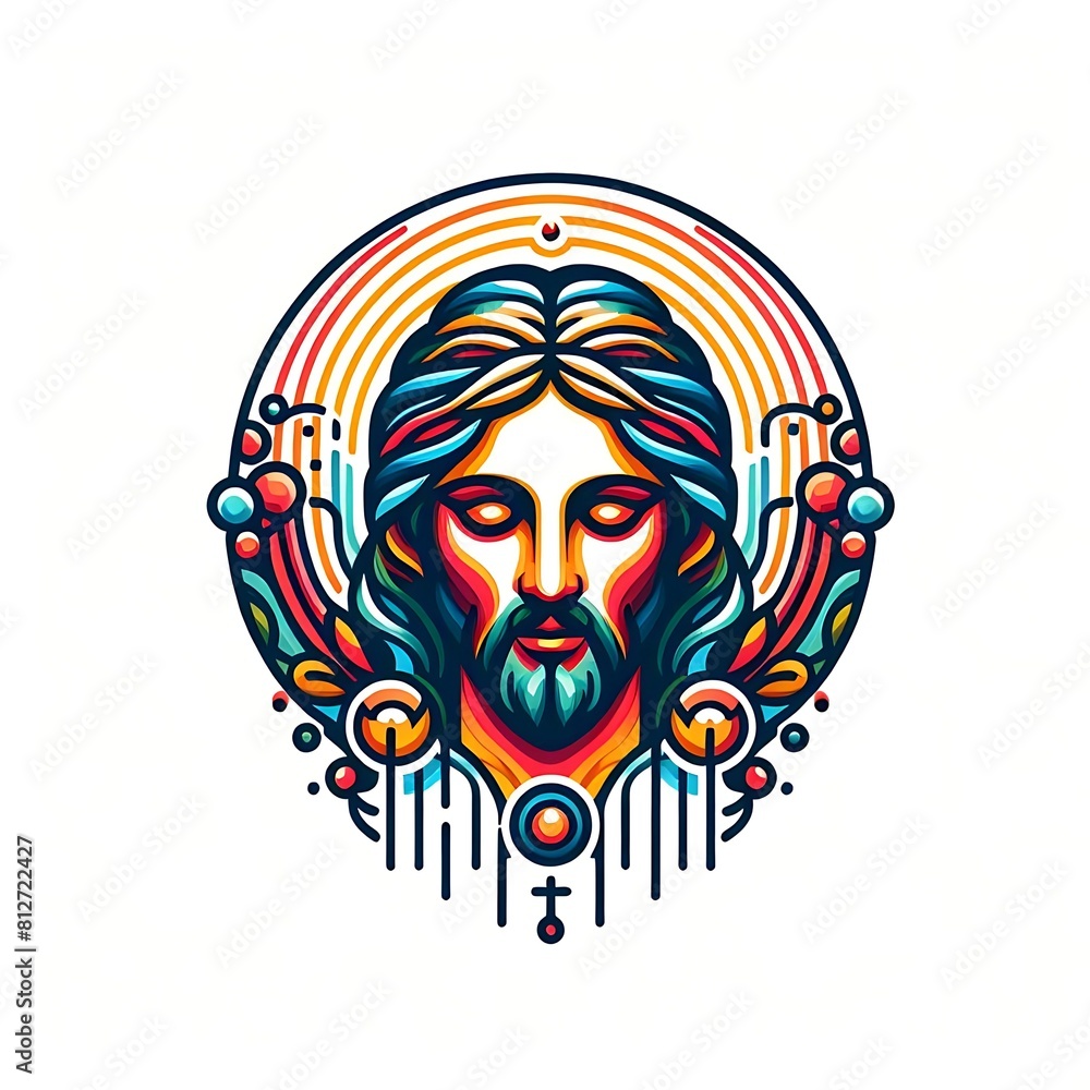 A colorful drawing of a jesus christs face photo has illustrative meaning used for printing card design illustrator.