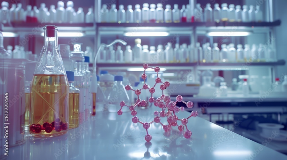 A lab bench with many bottles and a pink molecule A lab bench with many bottles and a pink molecule