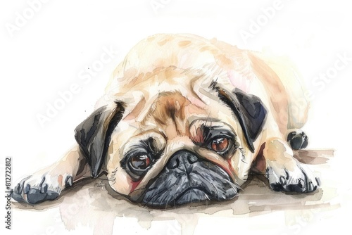 A cute pug dog resting on the ground, suitable for pet lovers and animal themes