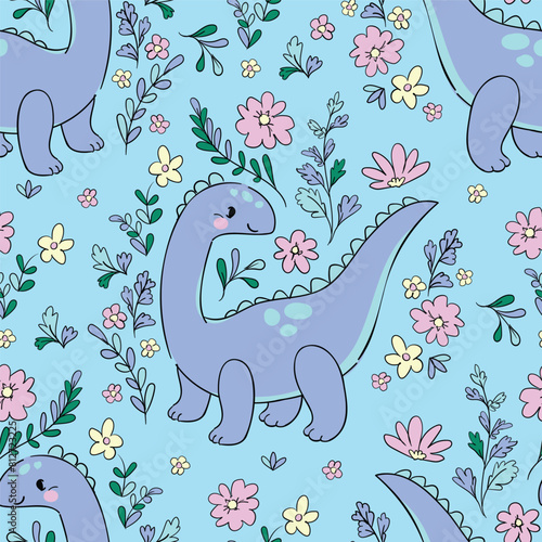 ?ute little Dinosaur and flowers seamless pattern. Hand drawn trend print for kids fabric Vector Illustration