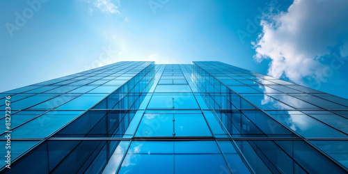 Low angle shot of blue glass building on blue sky background