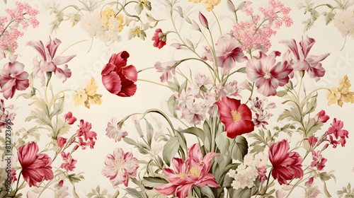 carnations and snowdrop flowers with antique Chintz style wallpaper background poster decorative painting