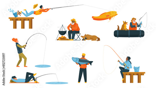 Fishers catching fish set. Young and old anglers sitting on wooden pier or in boat with fishing rod, male and female characters cast hook in water of river or pond cartoon vector illustration