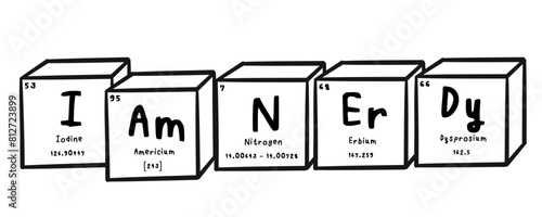 I am nerdy wording in periodics table style illustration with transparecy background