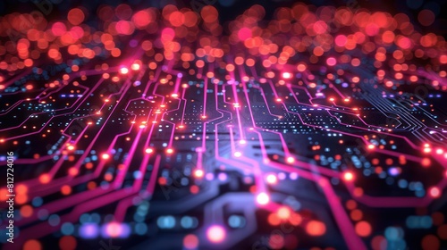 This image depicts a high-tech circuit board with glowing red and blue lights, symbolizing advanced technology and connectivity