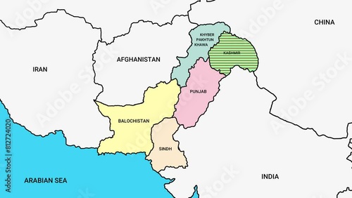 Pakistan map with all provinces black line art 2d animation, pakistan territory or states outline drawing with neighbor countries geography animated video photo