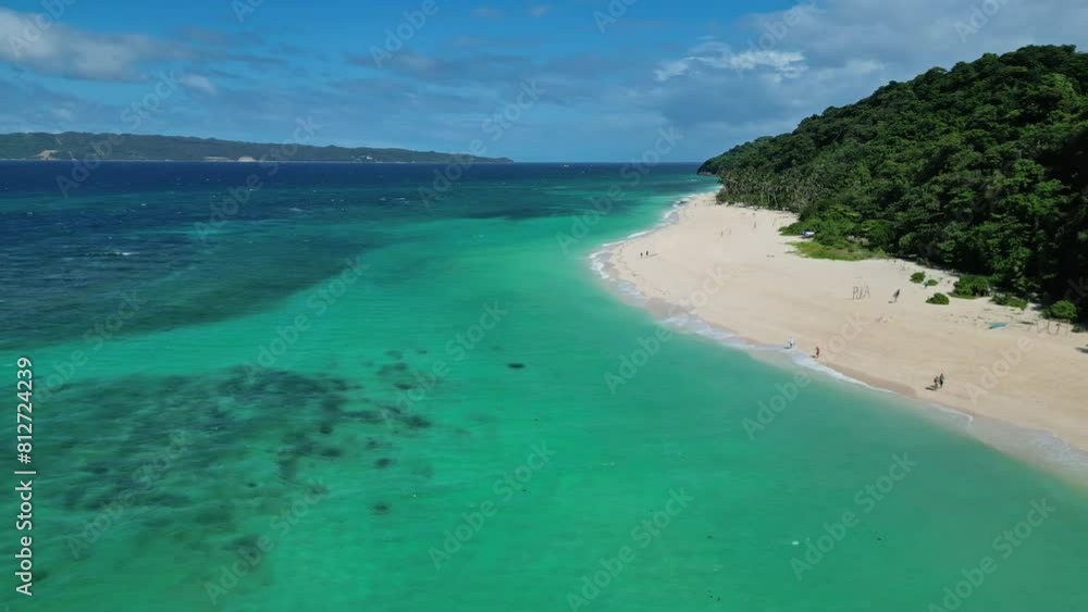 Aerial view of a beautiful quiet tropical sandy beach, Puka Shell Beach, Boracay island, Philippines, 4k Aerial view of a beautiful quiet tropical sandy beach, Puka Shell Beach, Boracay island, Philippines, 4k