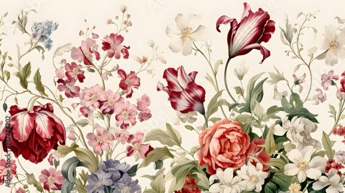 carnations and snowdrop flowers with antique Chintz style wallpaper background poster decorative painting