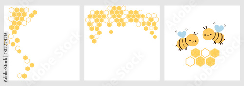 Beehive honey sign with hexagon grid cells and bee cartoons isolated on white backgrounds vector. © Thanawat