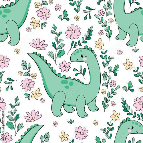 ?ute little Dinosaur and flowers seamless pattern. Hand drawn trend print for kids fabric Vector Illustration