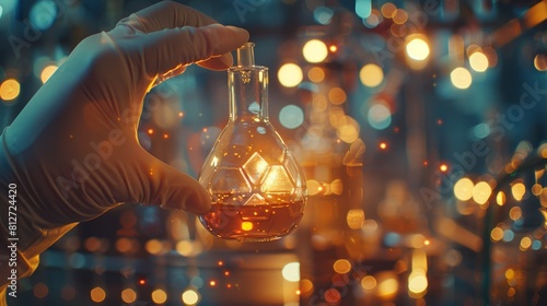 A person is holding a glass vial with a glowing liquid inside. The image has a dreamy, ethereal quality to it, with the glowing liquid and the person's hand creating a sense of wonder and curiosity photo