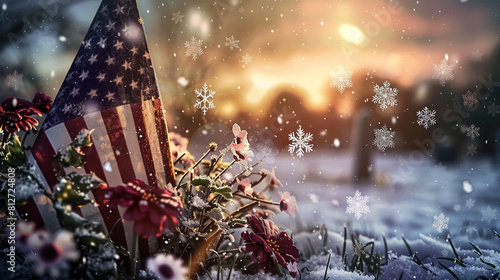 Winter scene Snowflakes decorate a Memorial Day flag and flowers at a veteran's grave.
