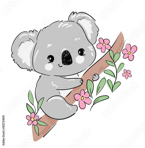 Hand drawn Cute little Koala with flowers and green leaves isolated on white background, kids design print for nursery vector illustration.