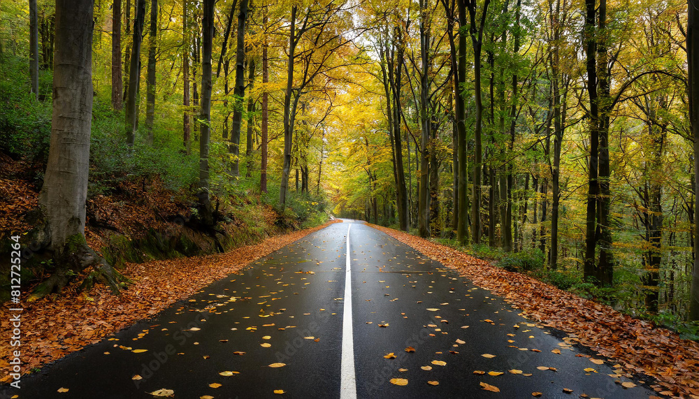 Black asphalt tarmac road leading through dense forest in autumn with lying scattered leaves