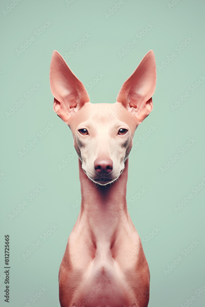 Portrait of a podenco on a green background