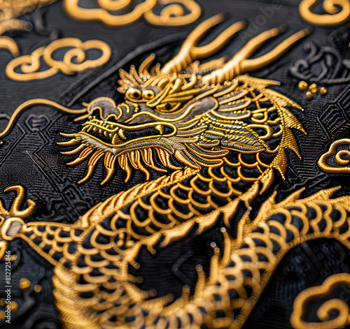 A gold and black dragon is embroidered on a piece of fabric. The dragon is surrounded by clouds and has a long tail. The image has a sense of mystery and intrigue. Generative AI